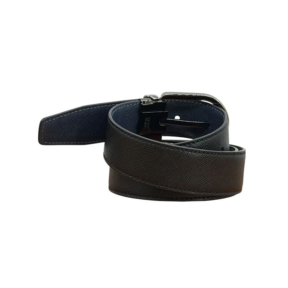 Montblanc Horseshoe Buckle Belt Mens SZ 28 Black Blue Reversible Leather Classic